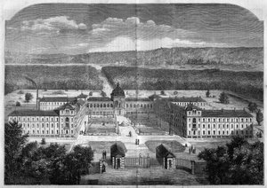 Architektur: Gesamtansicht des Kaiserlichen Asyls für genesende Arbeiter von Le Vésinet, gebaut nach den Plänen des Architekten Eugène Laval (1818-1869) und 1859 eingeweiht. Gravur in „Le Monde Illustré“ Nr. 77 vom 2. Oktober 1858.
