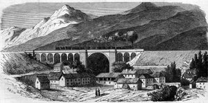 Architektur: Blick auf das Viadukt von Bellegarde (Rhone Alpes) an der Eisenbahnlinie, die Lyon mit Genf verbindet. 1858. Gravur in „Le Monde Illustré“ Nr. 49 vom 20. März 1858.