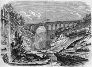Architektur: Ansicht des Valserine-Viadukts (Rhône-Alpes) auf der Eisenbahnstrecke Lyon-Genf. 1858. Gravur in „Le Monde Illustré“ Nr. 48 vom 13. März 1858. von French School