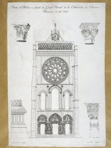 Architektur: Ansicht des großen Portals der Kathedrale von Chartres - Denkmal des 12. Jahrhunderts, Platte des 19. Jahrhunderts von French School