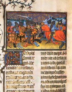 Armee-Kämpfer. Miniatur aus dem Manuskript von Francesco Petrarca oder Petrarch (1304-1374), italienischer Gelehrter, Dichter und Humanist, 