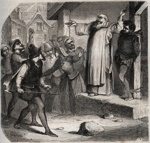 Arnaud du Tilh (Thil) wird an einen Galgen gebunden und vor seiner Hinrichtung für die Usurpation der Identität von Martin Guerre (circa 1524 um 1560) den Beleidigungen der Menge ausgesetzt. Gravur von 1871 in „Histoire Des Cocuses Celebres“ von Henry de K