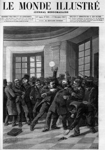 Verhaftung von Aubertin nach seinem versuchten Anschlag auf Jules Ferry im Palais Bourbon im Jahr 1887. Titelblatt von „Die illustrierte Welt“ von 1887.