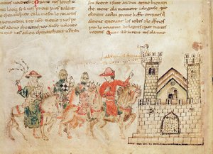 Ankunft der Botschafter am Schloss von König Artus, aus dem Roman de Meliadus