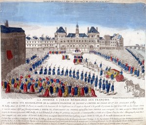 Ankunft von Ludwig XVI. im Hôtel de Ville de Paris am 17. Juli 1789 - Gravur von French School