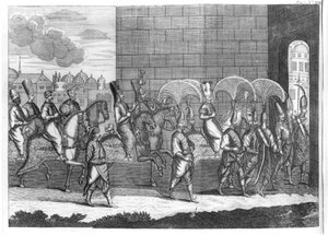 Ankunft des Sultans Mustafa in Konstantinopel, aus Voyages de Sr A. de la Motraye en Europe, Asie et Afrique, veröffentlicht 1727