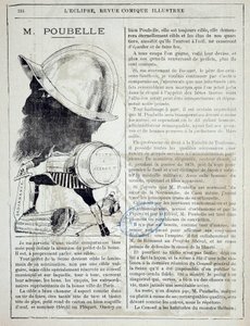 Artikel und Karikatur über Eugène Poubelle (1831-1907), Präfekt der Seine und Erfinder der Mülltonnen im Jahr 1884. 10.04.1885. Paris, Polizeipräfektur von French School