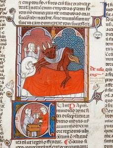 Ein Teufel oder Dämon auf dem Bett einer toten Person, Illustration aus Digestum Vetus mit gloss ordinaria, von Justinian, ca. 1300-10 von French School