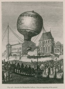 Aufstieg eines Montgolfière-Ballons (nach einer zeitgenössischen Gravur) von French School