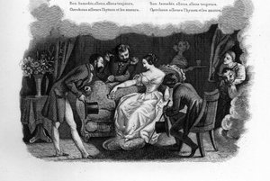 Asmodee. Eine schöne junge Frau in einem Wohnzimmer, umworben von drei Bewerbern, darunter ein Dandy und ein Soldat. Gravur in „Chants et chansons populaires de la France“, Band 2 von French School