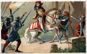 Ermordung von Etienne Marcel, reicher Tuchhändler und Prévôt der Kaufleute (1316-1358) durch den Schöffen Jean Maillart, einen der Anführer der royalistischen Partei, im Juli 1358. Chromolithographie aus dem späten 19. Jahrhundert.