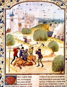 Ermordung eines englischen Ritters außerhalb von Paris im Jahr 1437 (Hundertjähriger Krieg), Illustration aus den Chroniken von England, geschrieben von Jean de Wavrin von French School