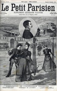 Ermordung der Kaiserin Elisabeth von Österreich (Sissi) durch den italienischen Anarchisten Luccheni in Genf im Jahr 1898. Titelblatt von „Le petit Parisien“ 1898 von French School