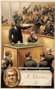 Versammlung jubelt Thiers zu, „Befreier des Territoriums“ und Porträt im Medaillon - Chromo., Ende des 19. Jahrhunderts.