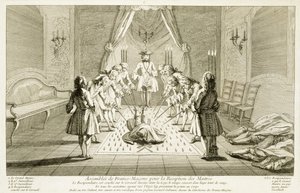 Versammlung der Freimaurer zur Einweihung eines Meisters, aus Die Zeremonien der Religion und des Brauchtums, um 1733