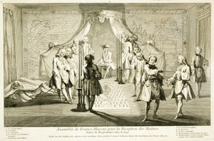 Versammlung der Freimaurer zur Einweihung eines Meisters, der Eintritt des Kandidaten in die Loge, aus Die Zeremonien der Religion und des Brauchtums, um 1733