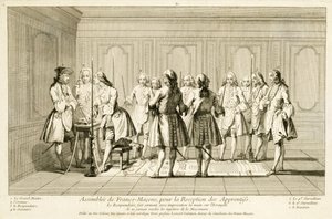 Versammlung der Freimaurer zur Einweihung eines Lehrlings, aus Die Zeremonien der Religion und des Brauchtums, um 1733 von French School
