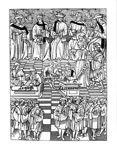 Versammlung der Vorsteher der Kaufleute von Paris, nach einem Holzschnitt in Ordannances Royaux de la Jurisdiction de la Prevote de Marchands et Eschevinage de la Ville de Paris von Jacques Nyverd