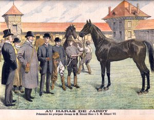 Auf dem Gestüt Jardy außerhalb von Paris (Marnes-la-Coquette). Züchter Edmond Blanc zeigt König Edward VII. seine besten Pferde. Das Gestüt Jardy. Präsentation der Hauptpferde von Herrn Edmond Blanc an SM Eduard VII. (1841-1910). Illustration für Le Petit  von French School