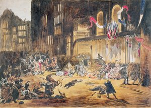 Attentat auf das Leben von Napoleon III. und seiner Frau Eugenie durch Felice Orsini und drei Komplizen am 4. Januar 1858 in Paris von French School