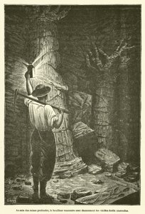 In den tiefen Minen trifft der Bergmann erstaunt auf die alten begrabenen Wälder (Gravur) von French School
