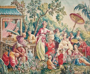 Aubusson-Karton für einen Wandteppich mit Figuren in einem orientalischen Garten von French School