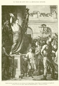 Augustus präsentiert den Abgeordneten der drei Provinzen der keltischen Gallien, die in Lyon versammelt sind, die Verfassung, nach der diese Provinzen regiert werden sollen (Stich) von French School