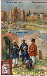 Bala-Hissar-Tor in Afghanistan und Soldaten der afghanischen Armee am Khaiber-Pass. Werbechromolithographie des 19. Jahrhunderts von French School