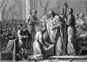 Taufe von Clovis I., 25. Dezember 496: Der König der Franken (466-511) wird von Saint Remi (437-533), Bischof von Reims, in der Kirche Saint Martin getauft. Gravur des 18. Jahrhunderts.
