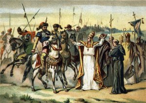 Barbareninvasionen - Attila und Papst Leo I. der Große, Chromolithographie des späten 19. Jahrhunderts von French School