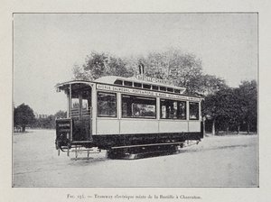 Bastille-Charenton-Elektrostraßenbahn - in „Durch die Elektrizität“ von G. Davy von French School