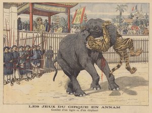 Kampf zwischen einem Elefanten und einem Tiger in einem Zirkus in Annam, Indochina von French School