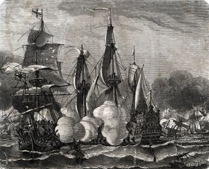 Schlacht von Bantry Bay, Seeschlacht am 11. Mai 1689, eine Woche vor der Erklärung des Neunjährigen Krieges (Gravur aus Lahure)