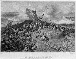 Schlacht von Jemappes im Jahr 1792 (Sieg der Franzosen, kommandiert von Dumouriez) - in „Revolution francaise“ von Thiers. 19. Jahrhundert