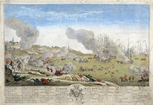 Schlacht von Saint Cast, bei der die französischen Truppen der Bretagne die Engländer 1758 besiegten. Illustration im Museum von Dinan. von French School
