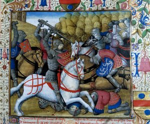Schlacht der Ritter, Miniatur aus dem Manuskript Der Roman von Tristan