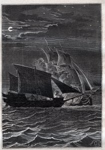 Schlacht der Schwalbe und eines malaysischen Piratenschiffs: Das Schiff Swallow von Philip Carteret oder Philippe de Carteret (1733-1796) kämpfte 1767 in den indonesischen Gewässern gegen ein malaysisches Piratenschiff - Illustration aus „Die großen Seefah