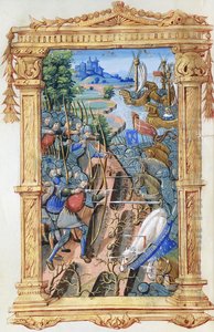Schlachtenszene zwischen Bogenschützen und Kavallerie, mit Burg und Schiffen, ca. 1495-1500 von French School