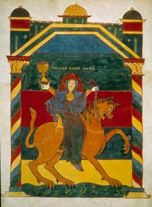 Tier und Frau, sitzend auf ihr, reiche Prostituierte. Miniatur aus den Kommentaren zur „Apokalypse nach Johannes“ von Beatus von Liebana, 775 von French School