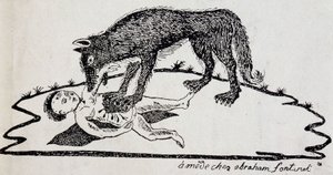 Bestie zerreißt ein Kind (Bestie des Gévaudan) - Holzstich veröffentlicht in Mende (Archive du Puy-de-Dôme) von French School