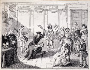 Beaumarchais wird in Saint Lazare ausgepeitscht - Szene der Züchtigung durch Beaumarchais, der die Broschüre des Folle journée in der Hand hält - nach einem Gemälde der Comédie Française, Gravur
