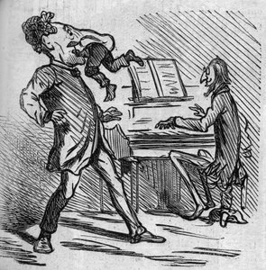 Bevor er die Musik von Mr. Offenbach singt, wird der Tenor Hyacinthe geschlagen, um seinen Kopfnoten Erleichterung zu verschaffen. Der französisch eingebürgerte deutsche Komponist Jacques Offenbach (1819-1880) spielt Klavier und Louis Hyacinthe Duflost, ge von French School