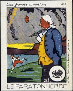 Benjamin Franklin, amerikanischer Politiker und Physiker (1706-1790) und der Blitzableiter (das Drachenexperiment) - Etikett, Anfang 20. Jahrhundert von French School