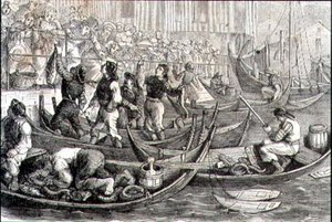 Fischmarkt in Bergen in den 1860er Jahren von French School