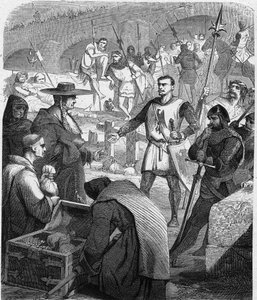 Bertrand du Guesclin (ca. 1320-1380), Konnetabel von Frankreich, weigert sich, Geld von den Einwohnern von Avignon anzunehmen. Gravur in „Histoire De France En Cent Tableaux“ von Paul Lehugeur 1891