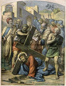 Biblische Szene - Kreuzweg: Jesus fällt zum zweiten Mal. Gravur in „Le Pelerin“ vom 29. November