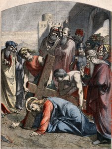 Biblische Szene - Kreuzweg: Jesus fällt zum ersten Mal. Gravur in „Le Pèlerin“ vom 3. Mai