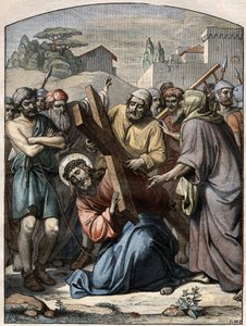 Biblische Szene - Kreuzweg: Jesus wird von Simon von Cyrene (dem Zyrenäer) geholfen. Gravur in „Le Pelerin“ vom 13. September 1896