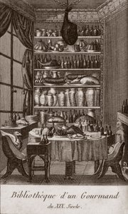 Bibliothek eines Gourmets des 19. Jahrhunderts - Gravur in „Almanach des Gourmands, als Leitfaden für die Zubereitung exzellenter Speisen. Von einem alten Liebhaber“ von Alexandre Balthazar Laurent Grimod de la Reyniere - 1804-1812 von French School