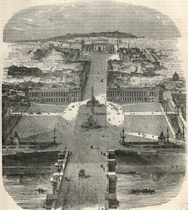 Vogelperspektive auf den Place de la Concorde, Rue Royale mit der Kirche der Madeleine - Gravur in „Tableau-de-Paris“ von Edmond Texier 1852.